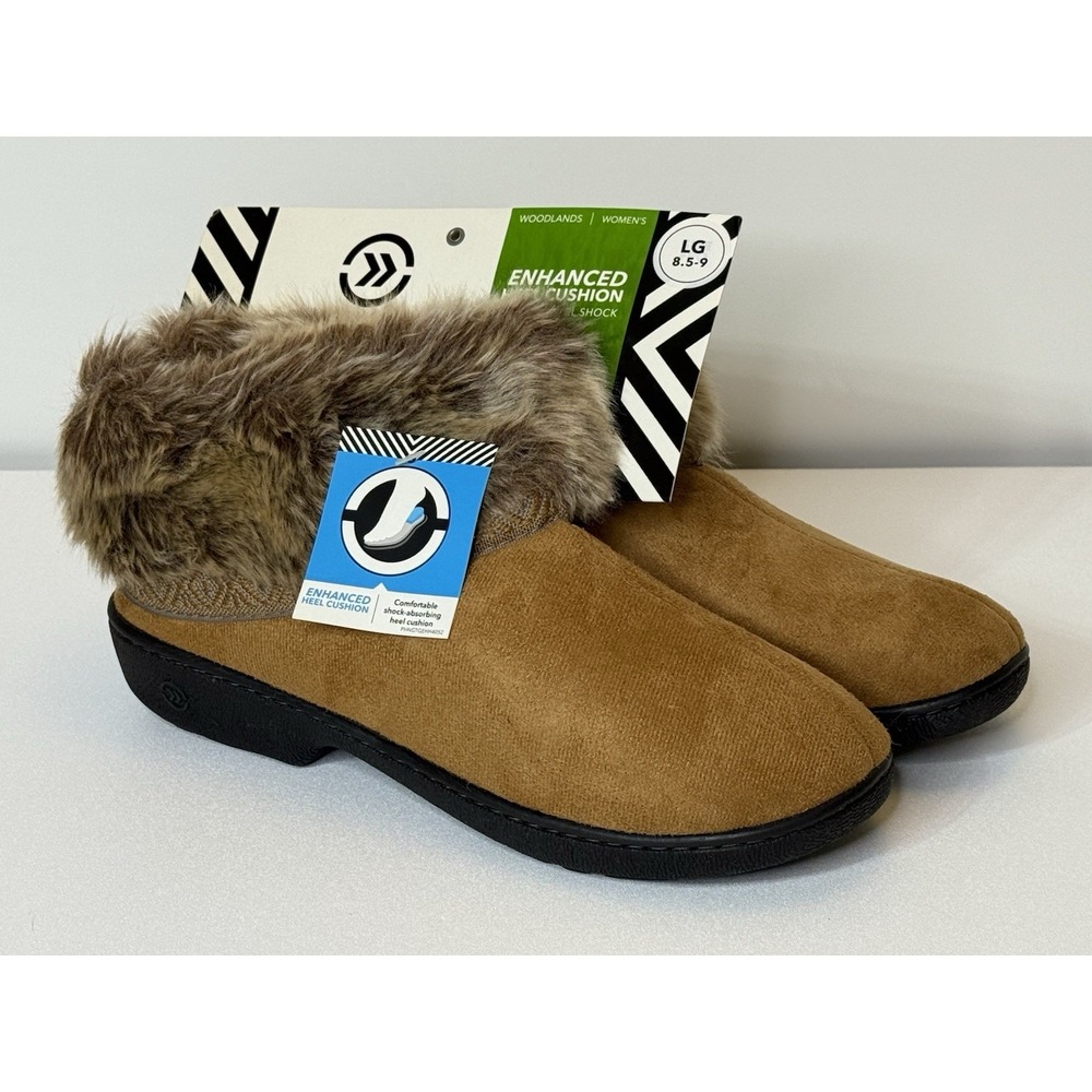 Isotoner Woodlands Buckskin & Faux Fur Womens Large 8.5-9 Slippers Heel Cushion